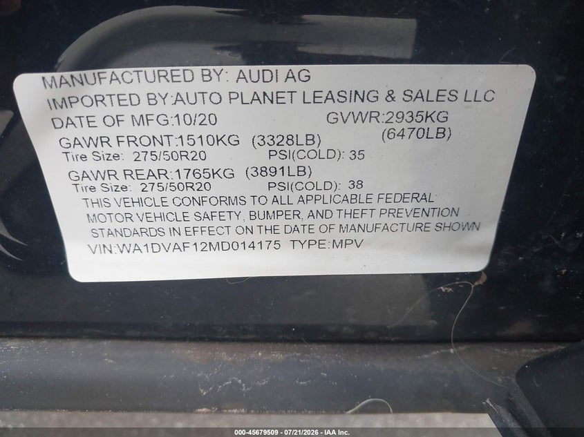 2021 Audi Q8 VIN WA1DVAF12MD014175 IAAI salvage auction — UNKNOWN, Clear (Massachusetts), sold $15,200 on 2026-07-29 (photo 9)