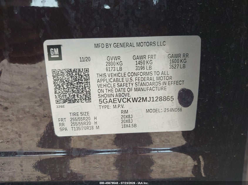 2021 Buick Enclave VIN 5GAEVCKW2MJ128865 IAAI salvage auction — HAIL, Clear Claim Paid (Wisconsin), sold $6,400 on 2026-07-29 (photo 9)