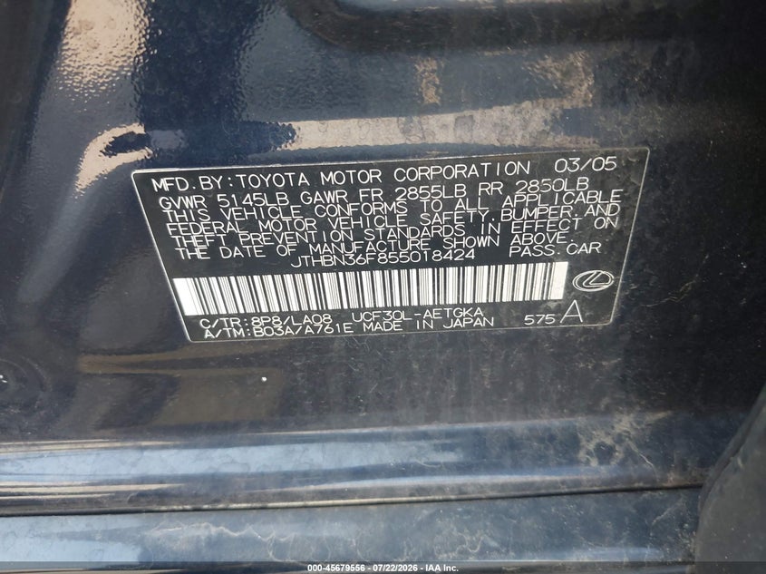2005 Lexus Ls 430 VIN JTHBN36F855018424 IAAI salvage auction — LEFT FRONT, Salvage (Pennsylvania), sold $1,900 on 2026-08-03 (photo 9)