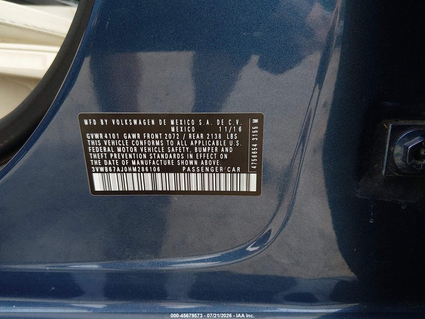 2017 Volkswagen Jetta VIN 3VWB67AJ0HM286106 IAAI salvage auction — REAR END, Salvage Title, sold $3,100 on 2026-08-10 (photo 9)