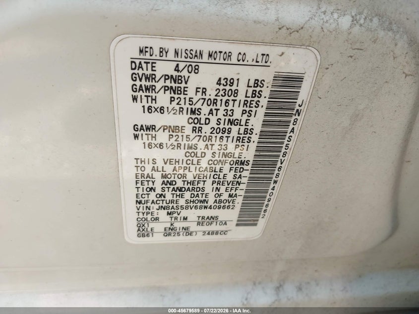 2008 Nissan Rogue sport VIN JN8AS58V68W409662 IAAI salvage auction — REAR END, Mv-907A (New York), sold $300 on 2026-08-01 (photo 9)