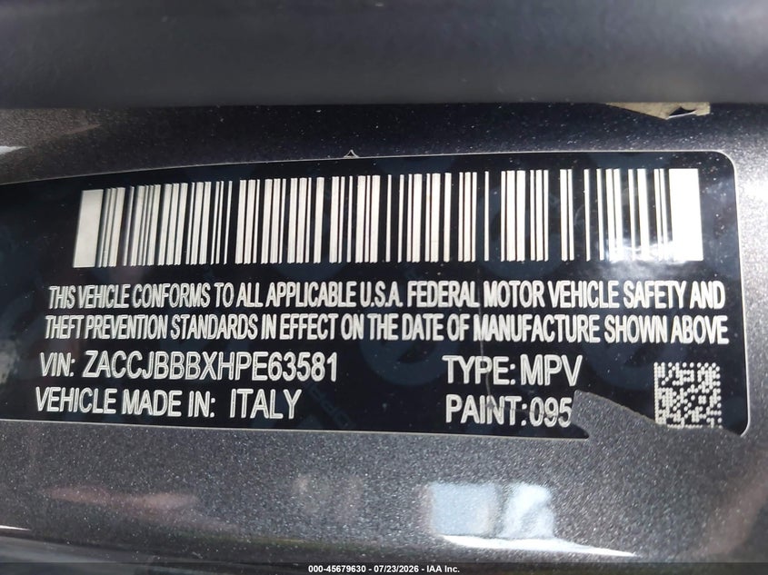 2017 Jeep Renegade VIN ZACCJBBBXHPE63581 IAAI salvage auction — LEFT SIDE, Wait Title, sold $2,450 on 2026-08-18 (photo 9)