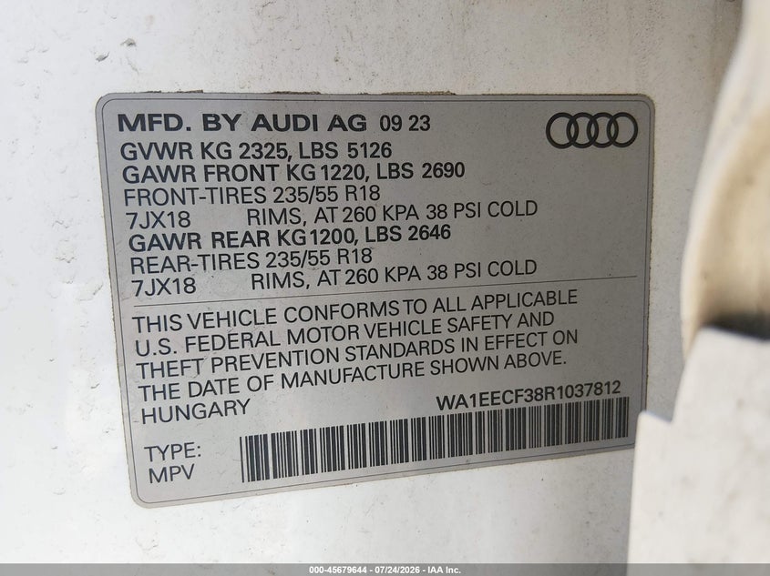 2024 Audi Q3 VIN WA1EECF38R1037812 IAAI salvage auction — RIGHT FRONT, Wait Title, sold $10,525 on 2026-09-09 (photo 9)