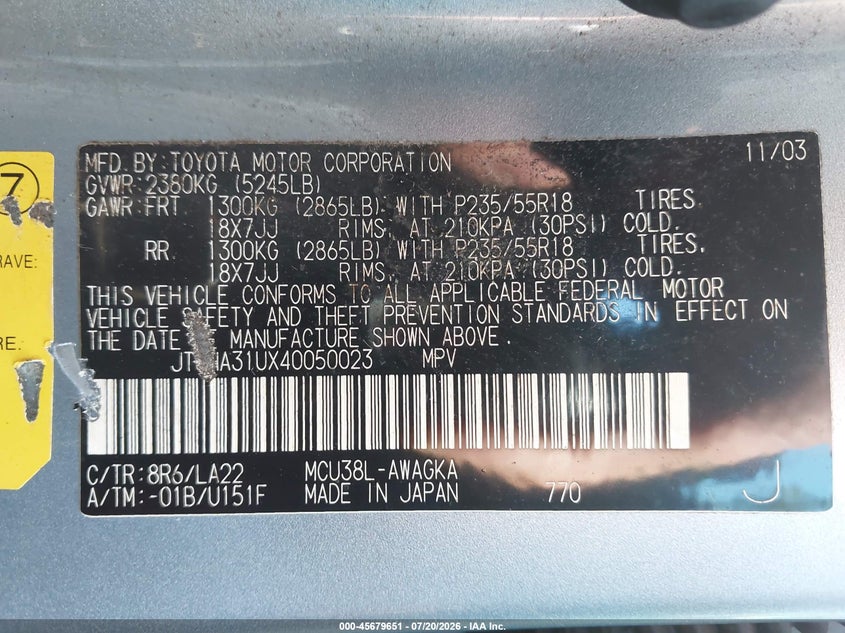 2004 Lexus Rx 330 VIN JTJHA31UX40050023 IAAI salvage auction — NORMAL WEAR, Clear (New Jersey), sold $225 on 2026-07-29 (photo 9)
