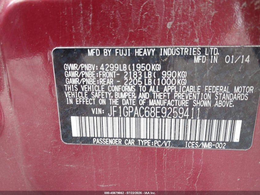 2014 Subaru Impreza VIN JF1GPAC68E9259411 IAAI salvage auction — NORMAL WEAR, Rebuilt (Indiana), sold $475 on 2026-07-31 (photo 9)