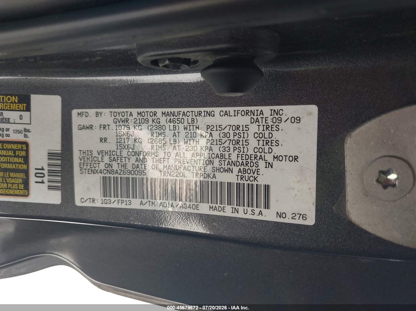 2010 Toyota Tacoma VIN 5TENX4CN8AZ690095 IAAI salvage auction — NORMAL WEAR, Clear (Florida), sold $2,050 on 2026-07-23 (photo 9)