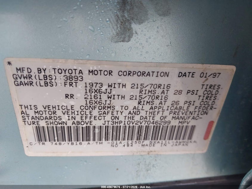 1997 Toyota Rav4 VIN JT3HP10V2V7046299 IAAI salvage auction — NORMAL WEAR, Clear (Georgia), sold $625 on 2026-07-29 (photo 9)