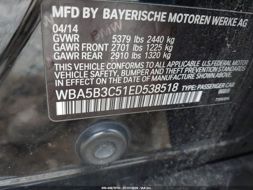 2014 BMW 5 series VIN WBA5B3C51ED538518 IAAI salvage auction — NORMAL WEAR, Clear (Virginia), sold $475 on 2026-07-27 (photo 9)
