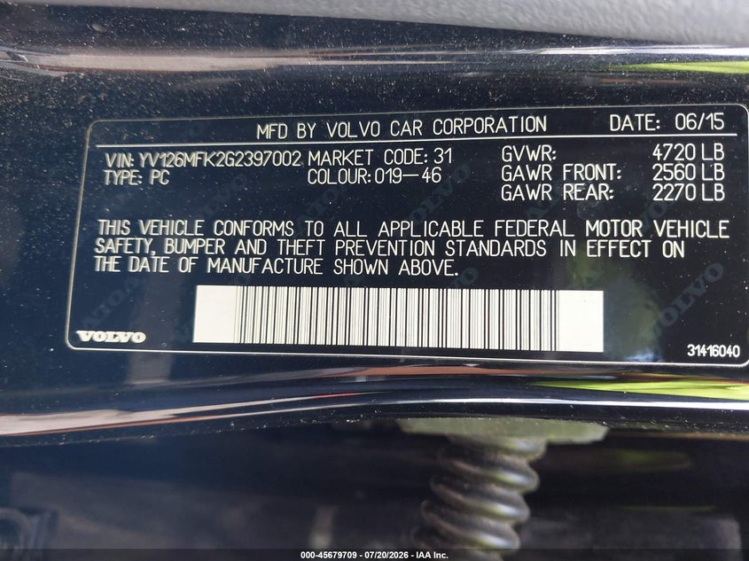 2016 Volvo S60 VIN YV126MFK2G2397002 IAAI salvage auction — FRONT END, Salvage Title, sold $1,400 on 2026-08-23 (photo 9)