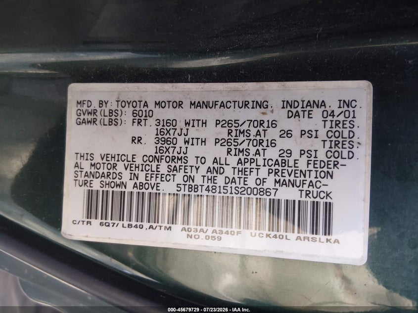 2001 Toyota Tundra VIN 5TBBT48151S200867 IAAI salvage auction — NORMAL WEAR, Clear (Rhode Island), sold $350 on 2026-07-28 (photo 9)