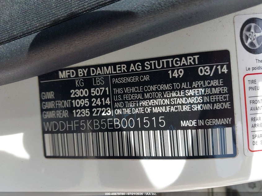 2014 Mercedes-benz E-klasse VIN WDDHF5KB5EB001515 IAAI salvage auction — REAR END, Salvage Title, sold $2,100 on 2026-08-12 (photo 9)