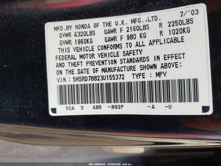 2003 Honda Cr-v VIN SHSRD78823U155372 IAAI salvage auction — NORMAL WEAR, Clear (Michigan), sold $25 on 2026-07-30 (photo 9)