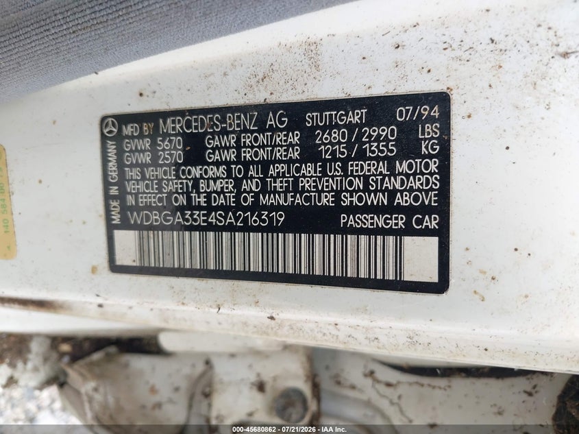 1995 Mercedes-benz S class VIN WDBGA33E4SA216319 IAAI salvage auction — NORMAL WEAR, Clear (New Jersey), sold $225 on 2026-07-28 (photo 9)
