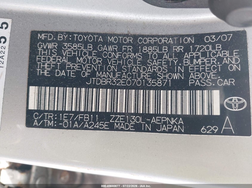 2007 Toyota Corolla VIN JTDBR32E070135871 IAAI salvage auction — NORMAL WEAR, Clear (Florida), sold $1,050 on 2026-07-28 (photo 9)
