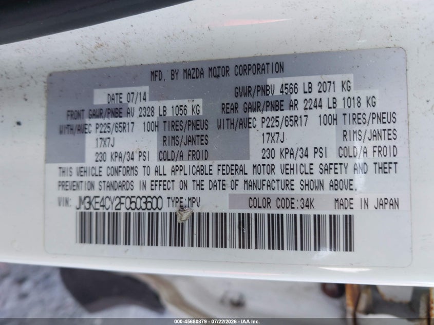 2015 Mazda Cx-5 VIN JM3KE4CY2F0503600 IAAI salvage auction — RIGHT FRONT, Mv-907A (New York), sold $2,600 on 2026-07-25 (photo 9)