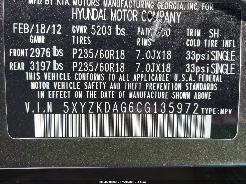 2012 Hyundai Santa fe VIN 5XYZKDAG6CG135972 IAAI salvage auction — NORMAL WEAR, Original (Maine), sold $25 on 2026-07-27 (photo 9)