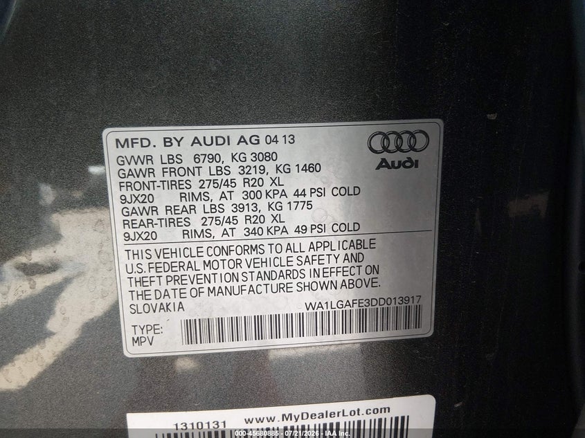2013 Audi Q7 VIN WA1LGAFE3DD013917 IAAI salvage auction — UNKNOWN, Original (Texas), sold $400 on 2026-07-28 (photo 9)
