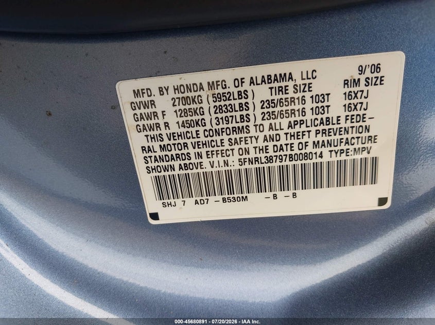 2007 Honda Odyssey VIN 5FNRL38797B008014 IAAI salvage auction — FRONT END, Rebuildable (Florida), sold $325 on 2026-08-01 (photo 9)