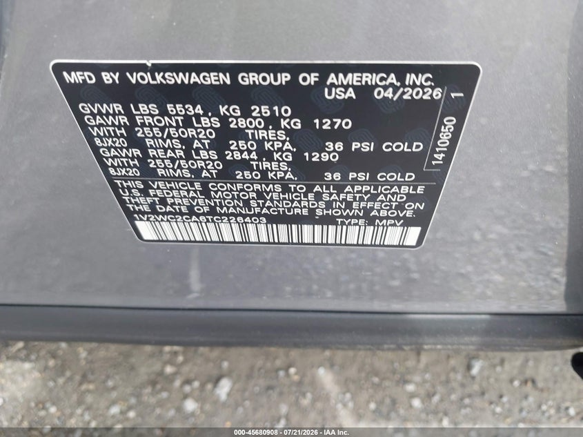 2026 Volkswagen Atlas cross sport VIN 1V2WC2CA6TC226403 IAAI salvage auction — REAR END, Enterprise Vehicles Clear Only (Michigan), sold $19,100 on 2026-07-28 (photo 9)