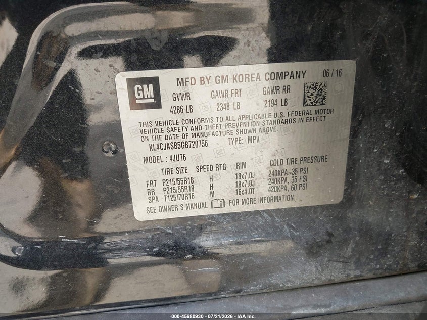 2016 Buick Encore VIN KL4CJASB5GB720756 IAAI salvage auction — NORMAL WEAR, Clear (Georgia), sold $25 on 2026-07-30 (photo 9)