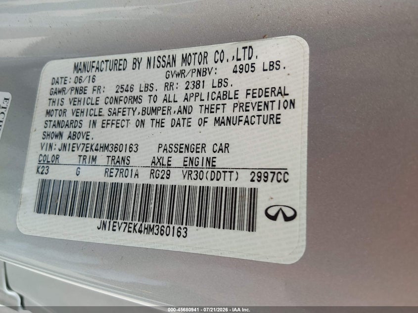 2017 Infiniti Q60 VIN JN1EV7EK4HM360163 IAAI salvage auction — ALL OVER, Salvage (Missouri), sold $5,500 on 2026-08-02 (photo 9)