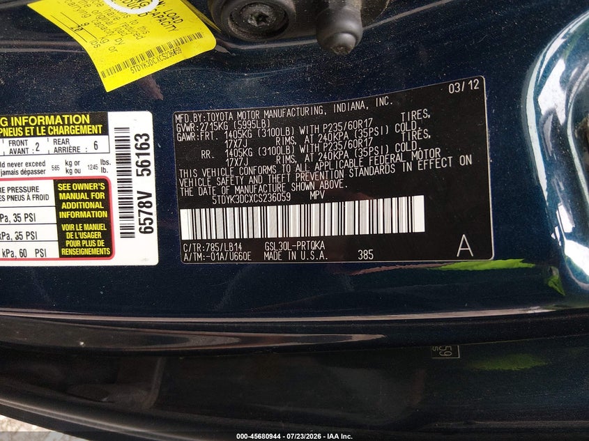 2012 Toyota Sienna VIN 5TDYK3DCXCS236059 IAAI salvage auction — NORMAL WEAR, Clear (New York), sold $25 on 2026-07-29 (photo 9)