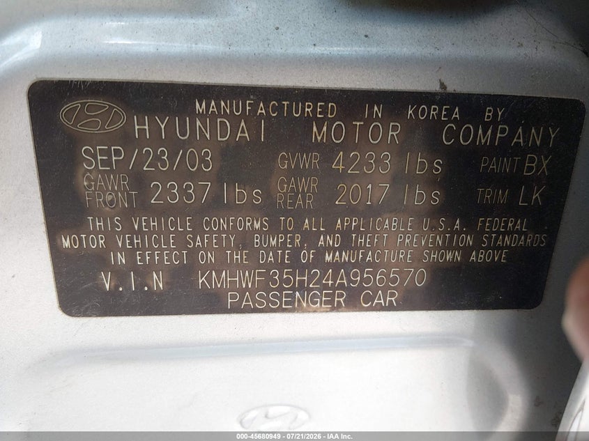 2004 Hyundai Sonata VIN KMHWF35H24A956570 IAAI salvage auction — NORMAL WEAR, Original (Ohio), sold $25 on 2026-07-29 (photo 9)