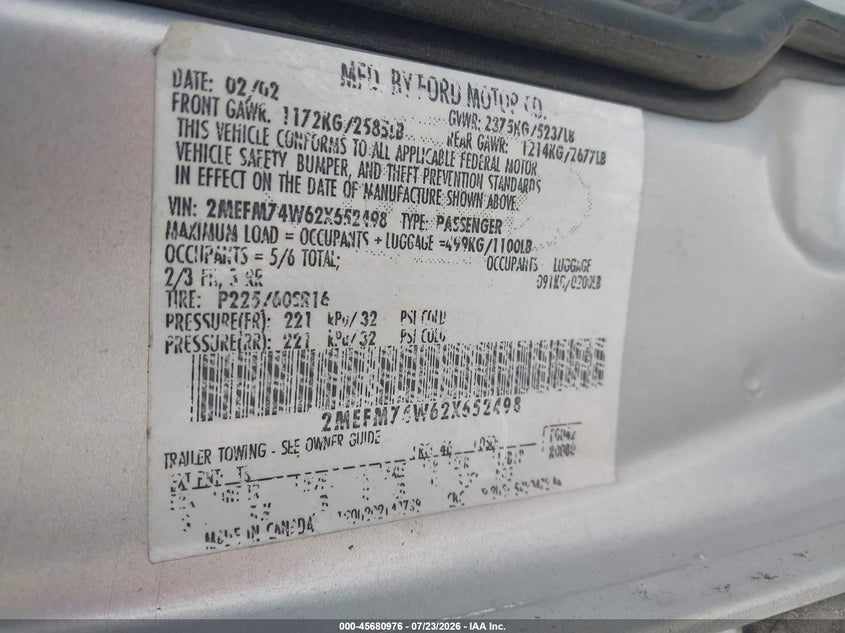 2002 Mercury Grand marquis VIN 2MEFM74W62X652498 IAAI salvage auction — FRONT & REAR, Salvage (Kentucky), sold $400 on 2026-09-02 (photo 9)
