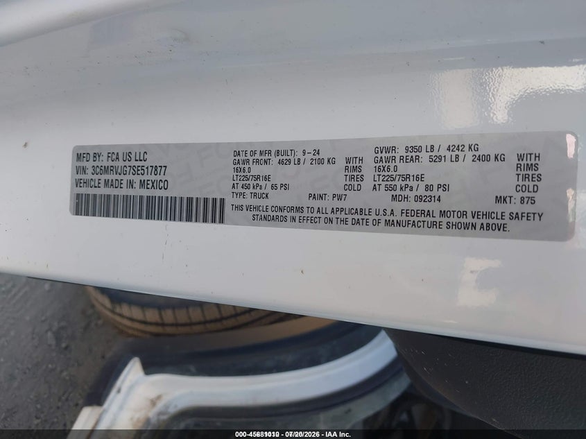 2025 Ram Promaster 3500 VIN 3C6MRVJG7SE517877 IAAI salvage auction — REAR END, Clear (New York), sold $21,075 on 2026-07-23 (photo 9)