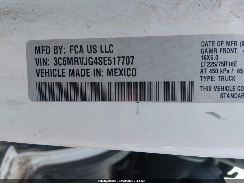2025 Ram Promaster 3500 VIN 3C6MRVJG4SE517707 IAAI salvage auction — FRONT END, Clear (New York), sold $13,950 on 2026-07-30 (photo 9)