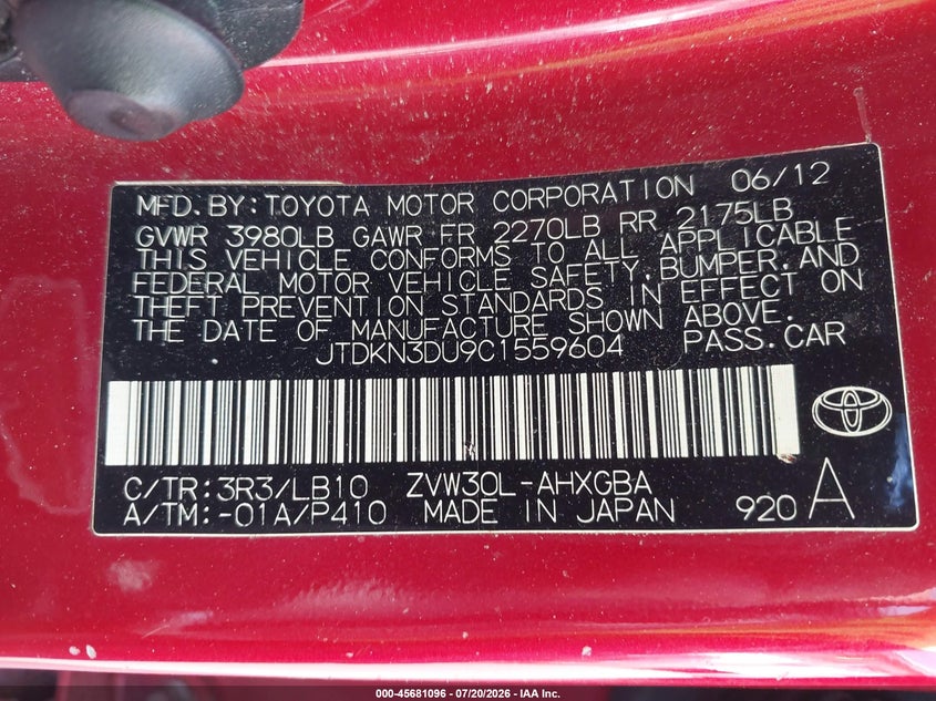 2012 Toyota Prius VIN JTDKN3DU9C1559604 IAAI salvage auction — UNKNOWN, Original (Maine), sold $700 on 2026-07-26 (photo 9)