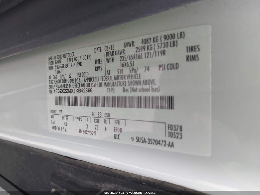 2018 Ford Transit-350 VIN 1FBZX2ZMXJKB52866 IAAI salvage auction — HAIL, Sf97 (Missouri), sold $15,700 on 2026-09-03 (photo 9)