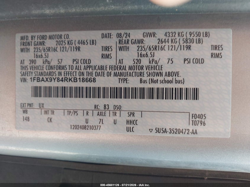 2024 Ford Transit-350 VIN 1FBAX9Y84RKB18668 IAAI salvage auction — NORMAL WEAR, Sf97 (South Dakota), sold $12,600 on 2026-09-03 (photo 9)