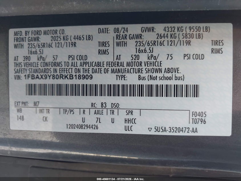 2024 Ford Transit-350 VIN 1FBAX9Y80RKB18909 IAAI salvage auction — NORMAL WEAR, Sf97 (South Dakota), sold $22,800 on 2026-09-03 (photo 9)