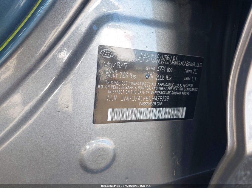 2019 Hyundai Elantra VIN 5NPD74LF8KH479729 IAAI salvage auction — NORMAL WEAR, SF97 (California), sold $10,700 on 2026-08-25 (photo 9)