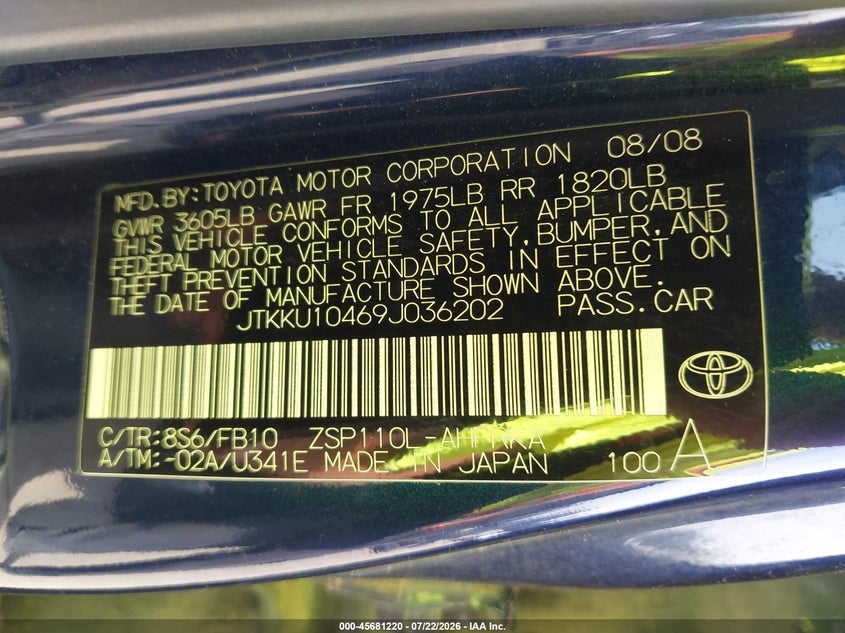 2009 Scion Xd VIN JTKKU10469J036202 IAAI salvage auction — NORMAL WEAR, Clear (Washington), sold $525 on 2026-07-29 (photo 9)