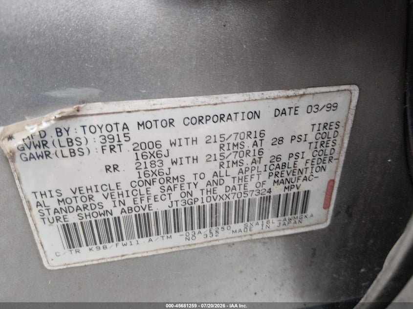 1999 Toyota Rav4 VIN JT3GP10VXX7057324 IAAI salvage auction — NORMAL WEAR, Original (West Virginia), sold $25 on 2026-07-29 (photo 9)