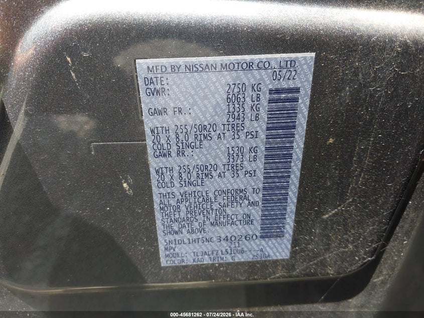 2022 Infiniti Qx60 VIN 5N1DL1HT5NC340260 IAAI salvage auction — FRONT END, Salvage Title, sold $5,900 on 2026-08-21 (photo 9)