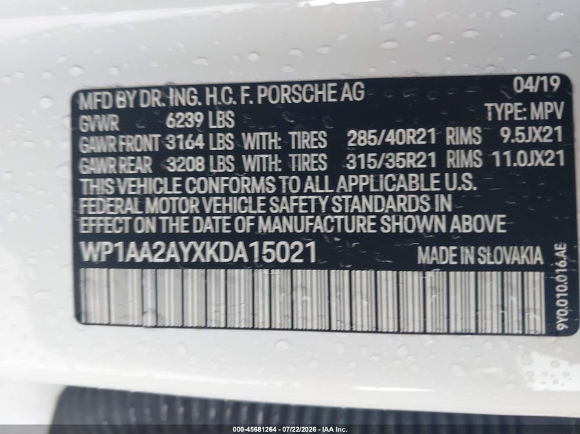 2019 Porsche Cayenne VIN WP1AA2AYXKDA15021 IAAI salvage auction — FRONT END, Clear (Tennessee), sold $11,200 on 2026-08-30 (photo 9)