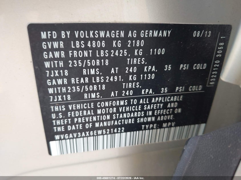2014 Volkswagen Tiguan VIN WVGAV3AX6EW521422 IAAI salvage auction — FRONT END, Clear (Indiana), sold $25 on 2026-08-19 (photo 9)