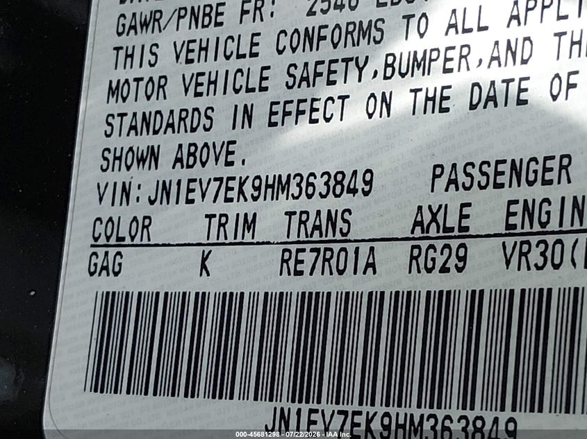 2017 Infiniti Q60 VIN JN1EV7EK9HM363849 IAAI salvage auction — NORMAL WEAR, Clear (California), sold $1,000 on 2026-07-28 (photo 9)