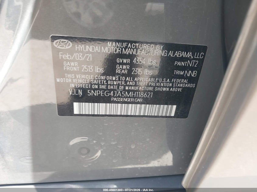 2021 Hyundai Sonata VIN 5NPEG4JA5MH118621 IAAI salvage auction — REAR END, Salvage (Texas), sold $2,450 on 2026-08-01 (photo 9)