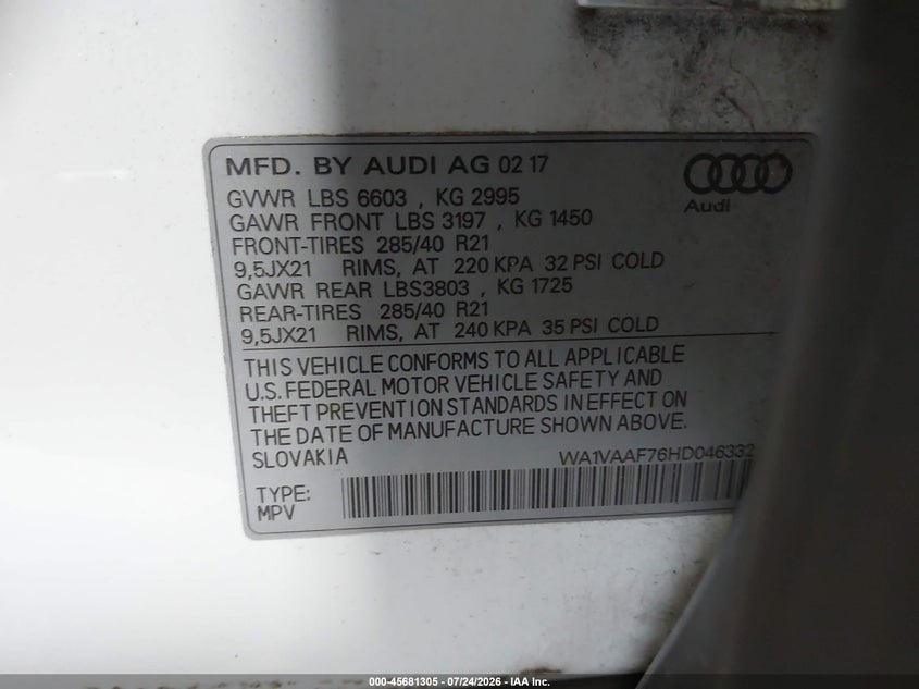 2017 Audi Q7 VIN WA1VAAF76HD046332 IAAI salvage auction — NORMAL WEAR, Clear (South Carolina), sold $1,100 on 2026-07-30 (photo 9)