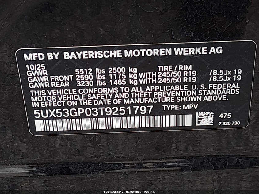 2026 BMW X3 VIN 5UX53GP03T9251797 IAAI salvage auction — ENGINE DAMAGE, Enterprise Vehicles Clear Only (Florida), sold $14,300 on 2026-07-23 (photo 9)