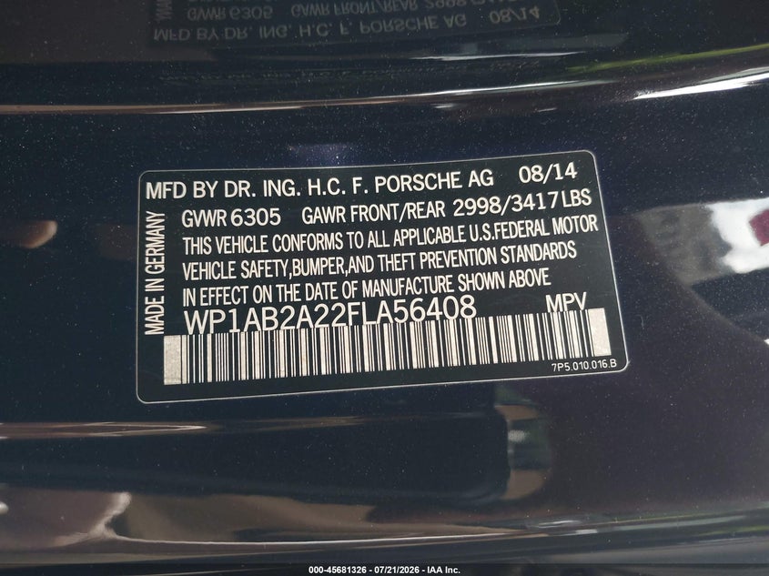 2015 Porsche Cayenne VIN WP1AB2A22FLA56408 IAAI salvage auction — REAR END, Salvage (Georgia), sold $6,200 on 2026-08-22 (photo 9)