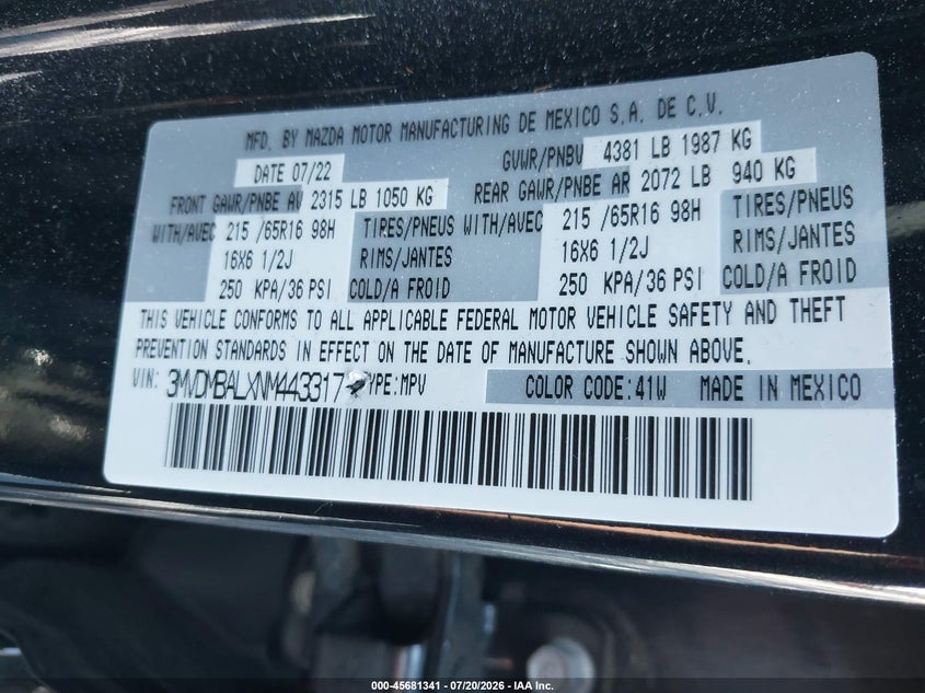2022 Mazda Cx-30 VIN 3MVDMBALXNM443317 IAAI salvage auction — NORMAL WEAR, Sf97 (New York), sold $11,450 on 2026-08-20 (photo 9)