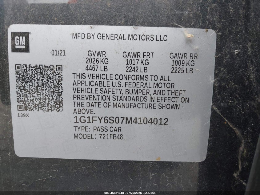2021 Chevrolet Bolt euv VIN 1G1FY6S07M4104012 IAAI salvage auction — FRONT END, Clear Claim Paid (Wisconsin), sold $4,450 on 2026-07-25 (photo 9)