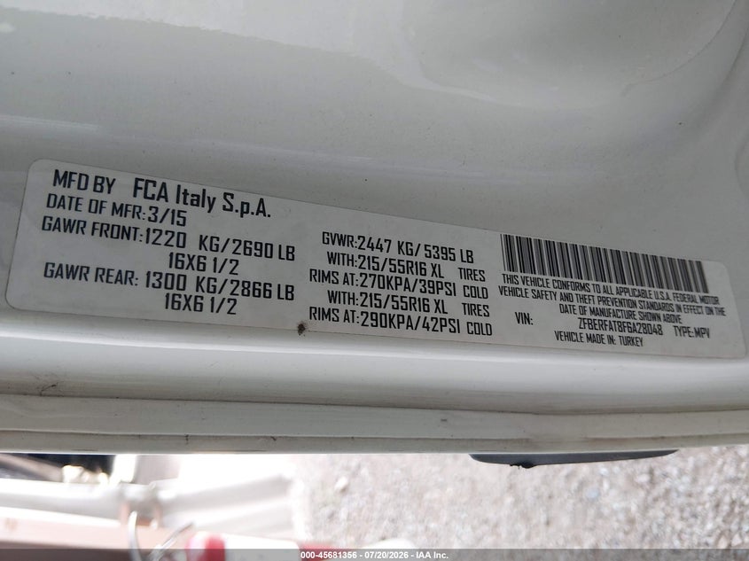 2015 Ram Promaster city VIN ZFBERFAT8F6A28048 IAAI salvage auction — NORMAL WEAR, Salvage Title, sold $1,325 on 2026-08-12 (photo 9)