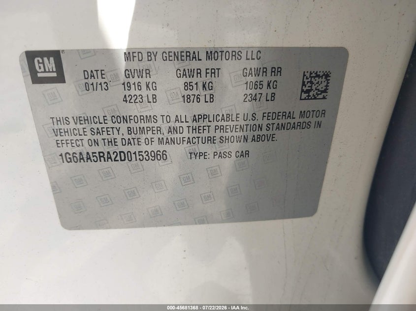 2013 Cadillac Ats VIN 1G6AA5RA2D0153966 IAAI salvage auction — REAR END, Salvage (Pennsylvania), sold $675 on 2026-08-22 (photo 9)