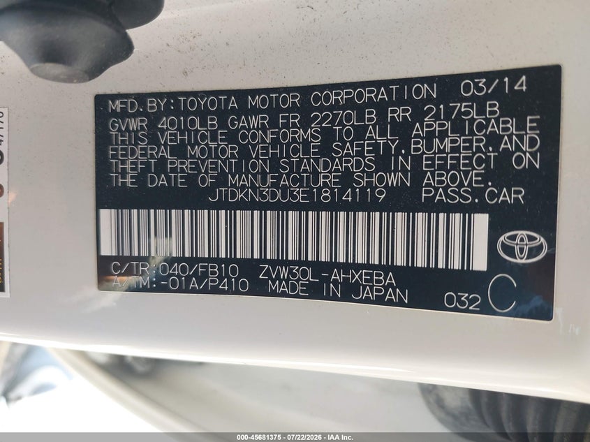 2014 Toyota Prius VIN JTDKN3DU3E1814119 IAAI salvage auction — LEFT FRONT, Salvage (California), sold $1,600 on 2026-08-01 (photo 9)